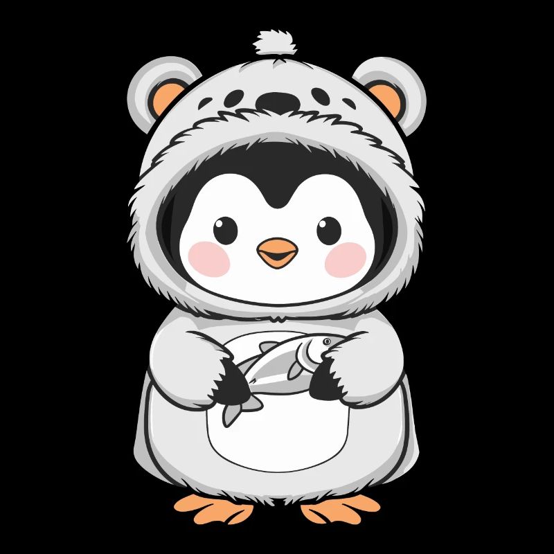 Cute penguin in costume with fish