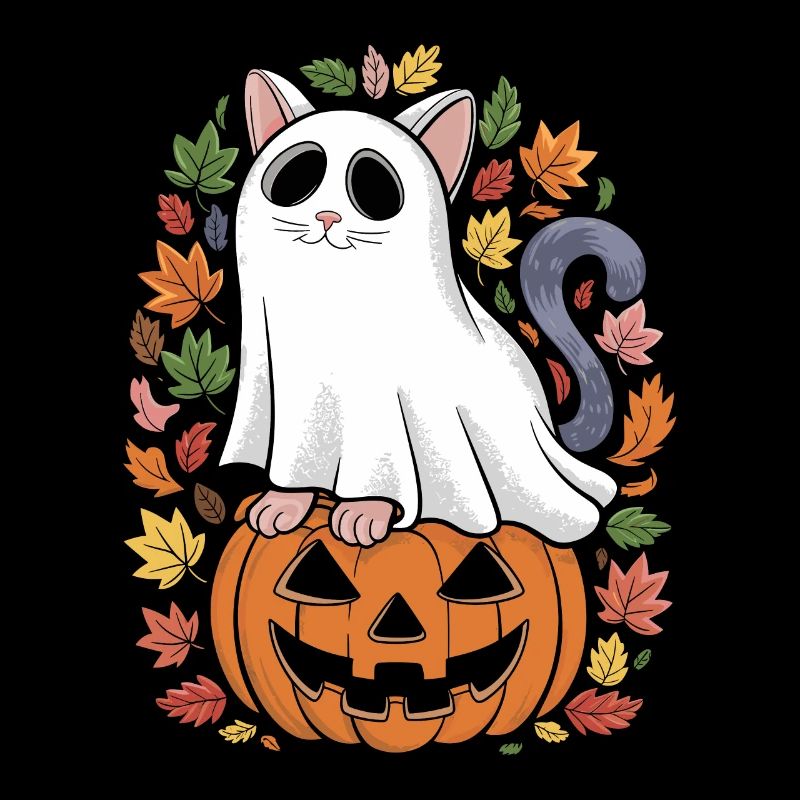 Halloween Cat Ghost on Pumpkin with