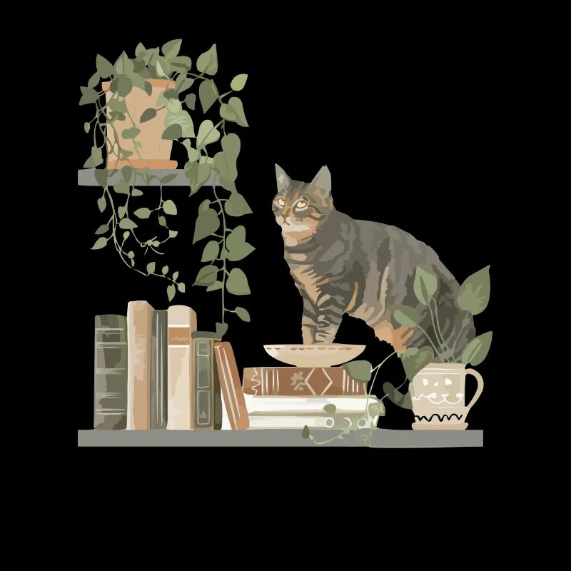 Black cat with books and plants