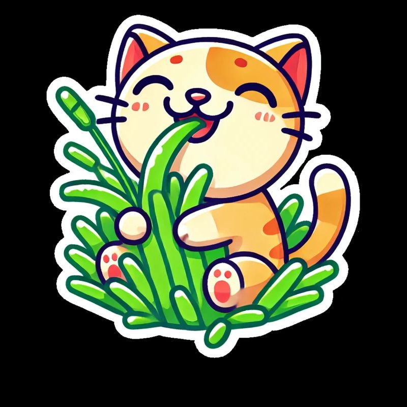 Chat roux mignon mangeant de l’herbe verte