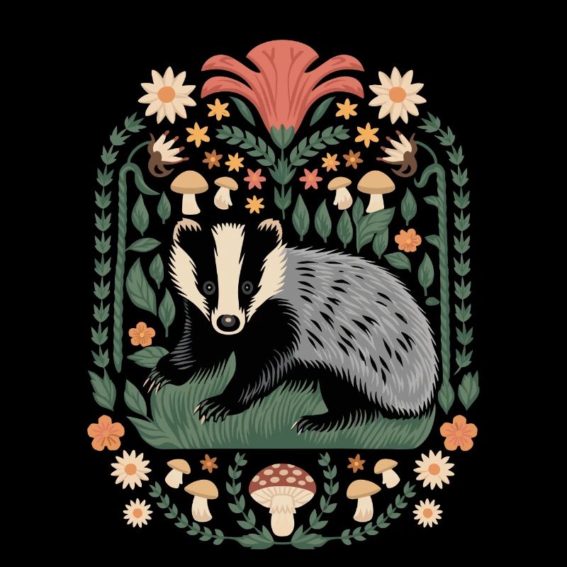 Motif blaireau cottagecore avec fleurs et champignons