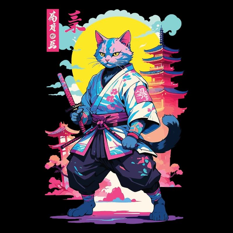 Samurai Cat Vaporwave Aesthetic Design