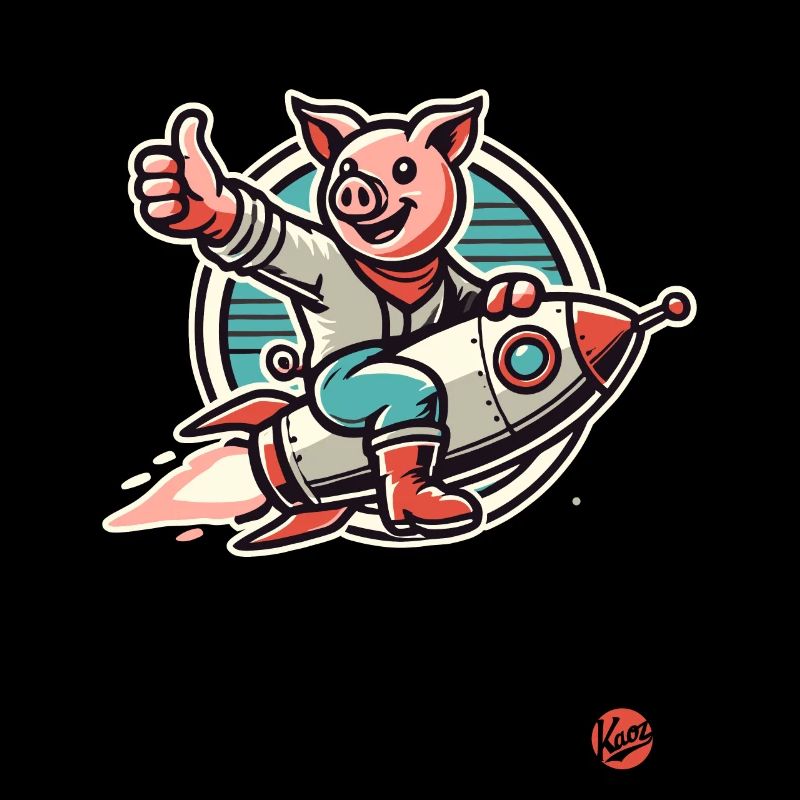 Daumen hoch, ein Schwein auf einer Rakete