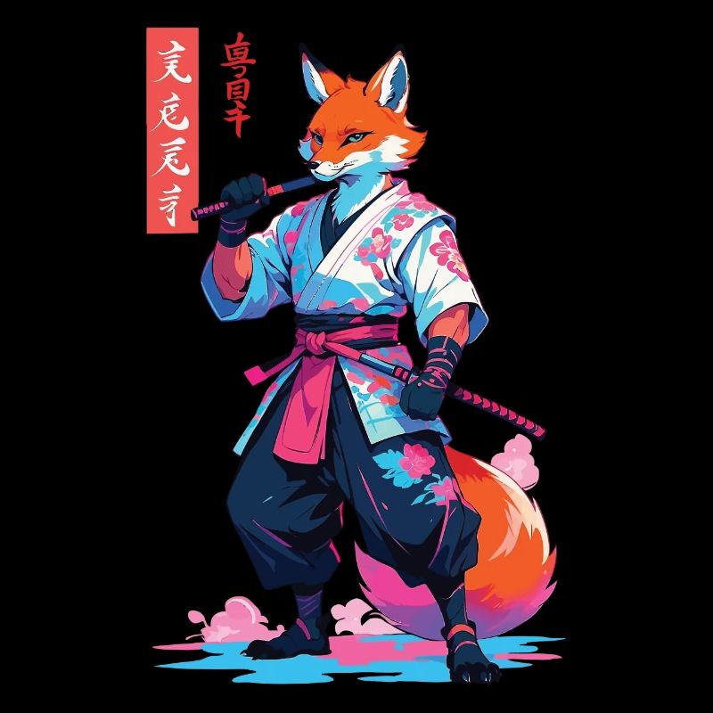 Kitsune Samurai Fox Esthétique Style Vaporwave