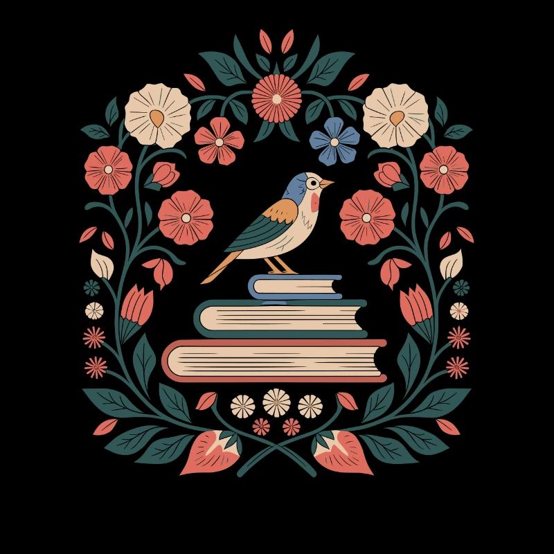 Cottagecore Oiseaux et livres entourés de fleurs