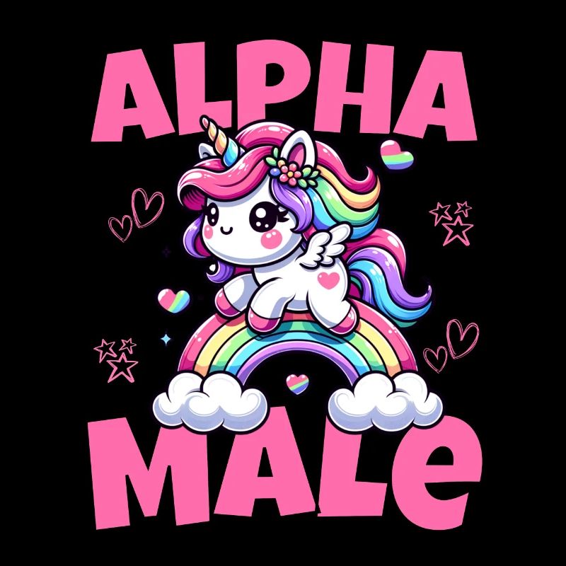Süßes Alpha Einhorn reitet männlich den Regenbogen