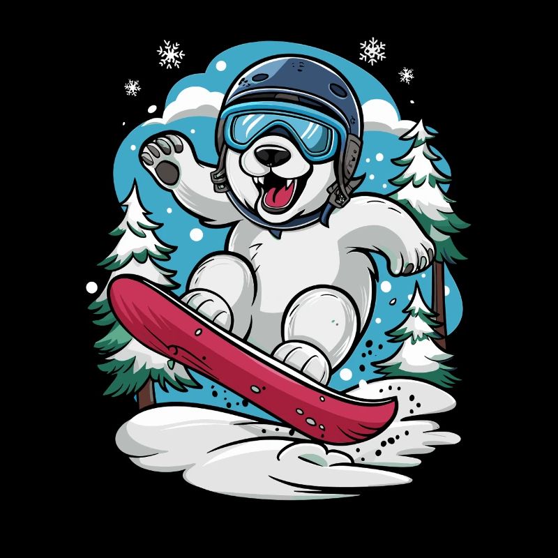 Snowboarding polar bear in the winter forest