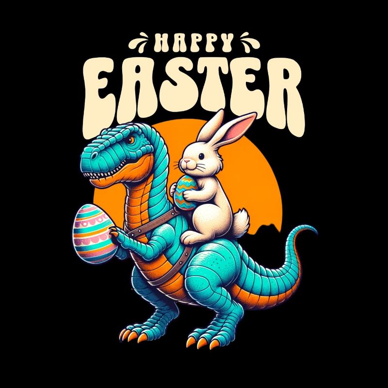 Easter Bunny Riding Dinosaur with Easter Egg