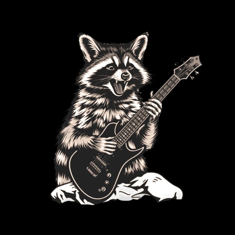 Waschbär der auf einer E-Gitarre abrockt