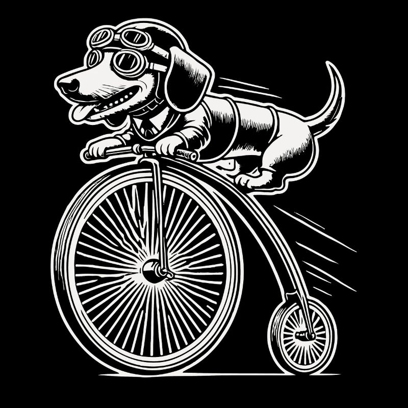 Bicycle riding dachshund in retro style with humor