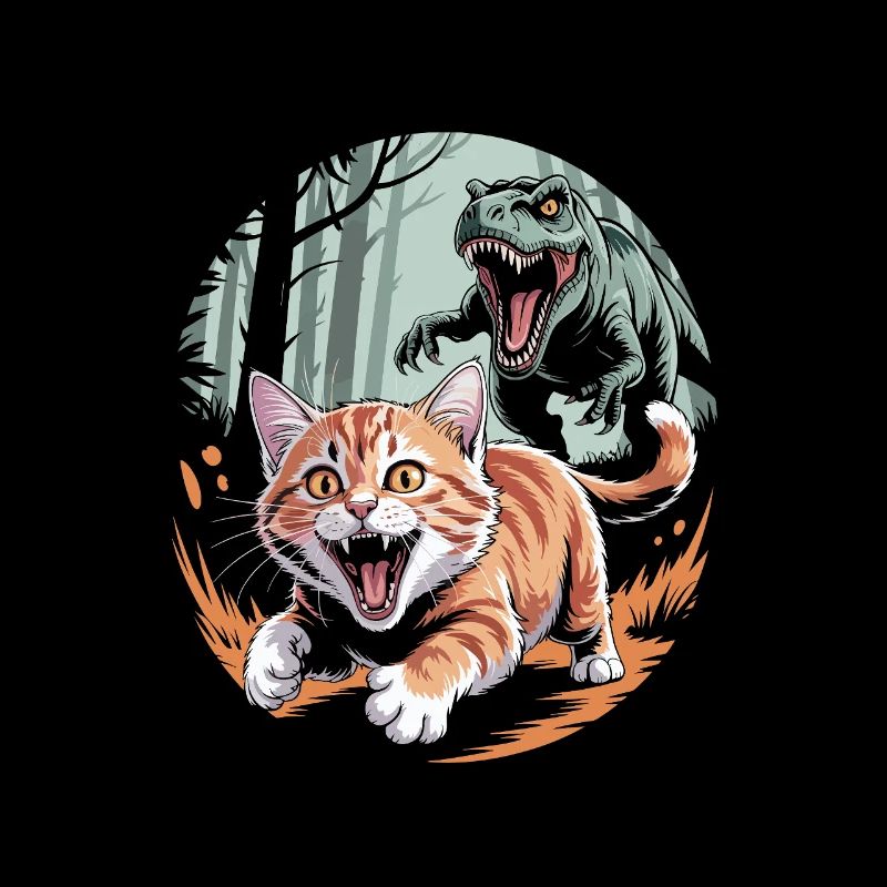 Un chat s’enfuit d’un dinosaure