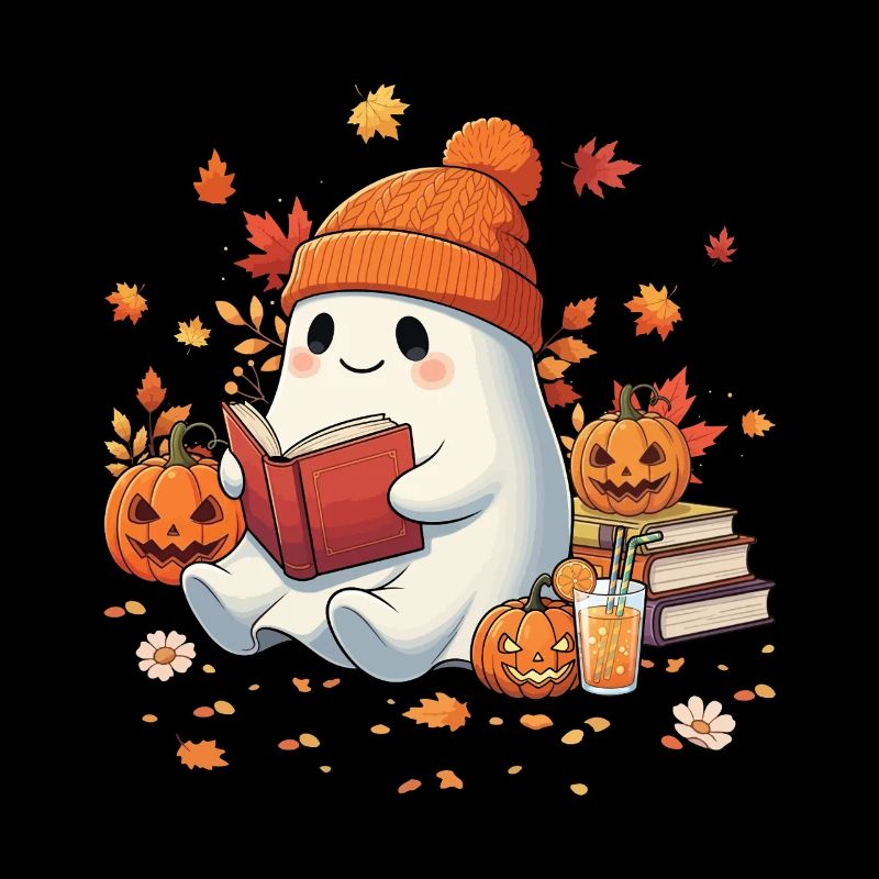 Cute Ghost Drinking Coffee Reading Book