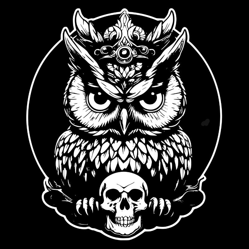 Mystische Eule sitzt auf einem Skull