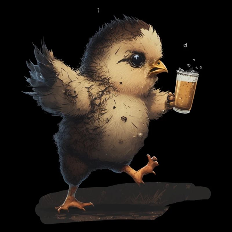 Cute bird drinks a beer