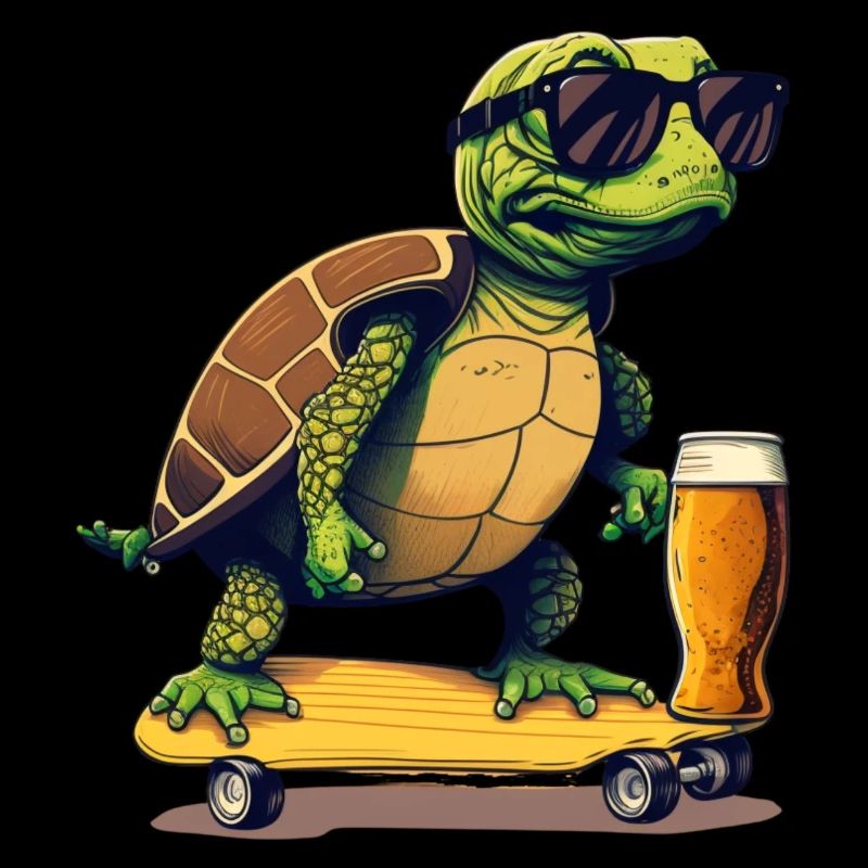Turtle drinks beer on skateboard
