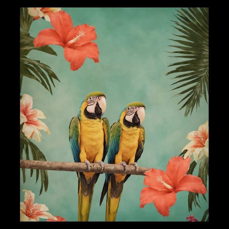 Two parrots on a branch with hibiscus flowers