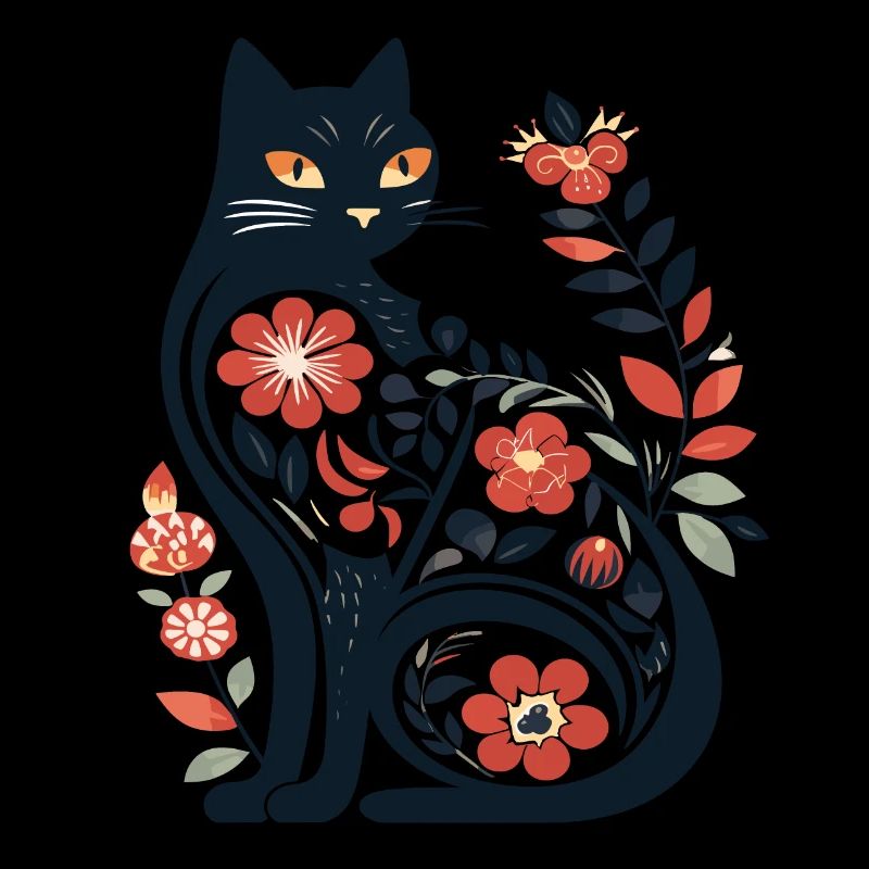 Cat silhouette with floral patterns