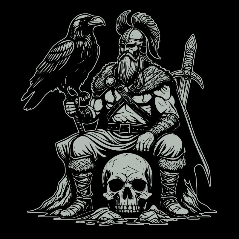 Viking avec épée et corbeau sur le crâne