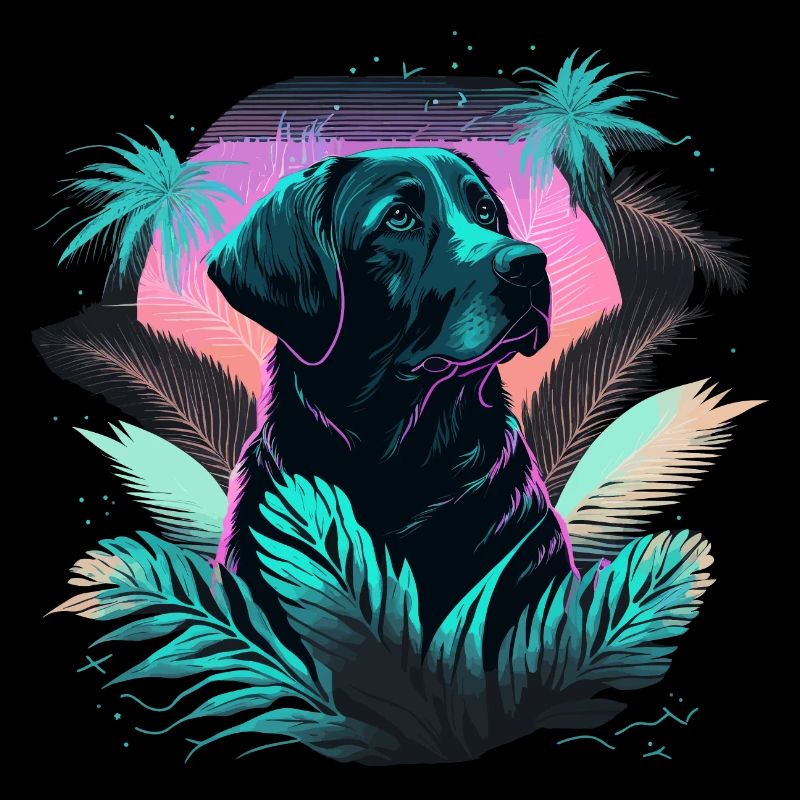 Vaporwave Labrador Retriever in Big Leaves