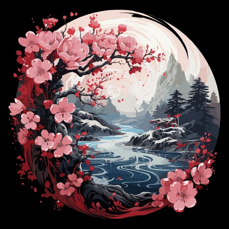 Kirschblüte Japanisch Berg Flusslandschaft