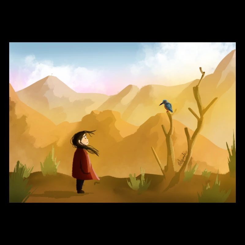 Kleines Mädchen in der Wüste mit einem Vogel