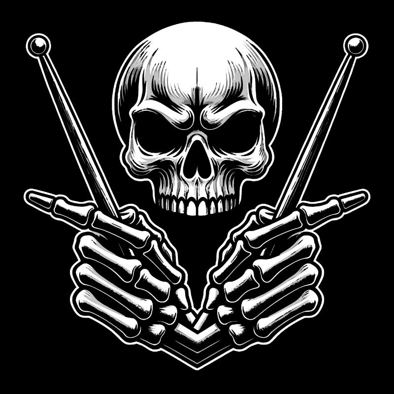 Skull with drumsticks in bone hands