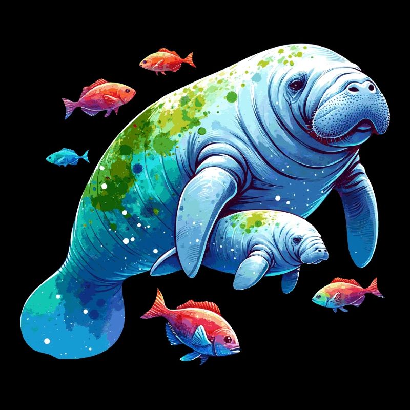 Manatee with calf and small colorful fish