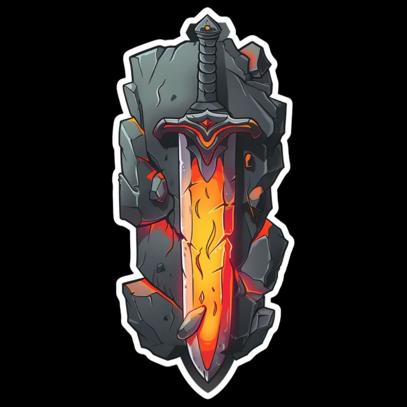 Épée de feu de dessin animé devant un rocher RPG GAme