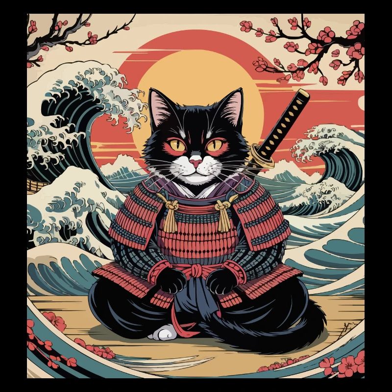 Chat samouraï avec coucher de soleil et vagues – Jap