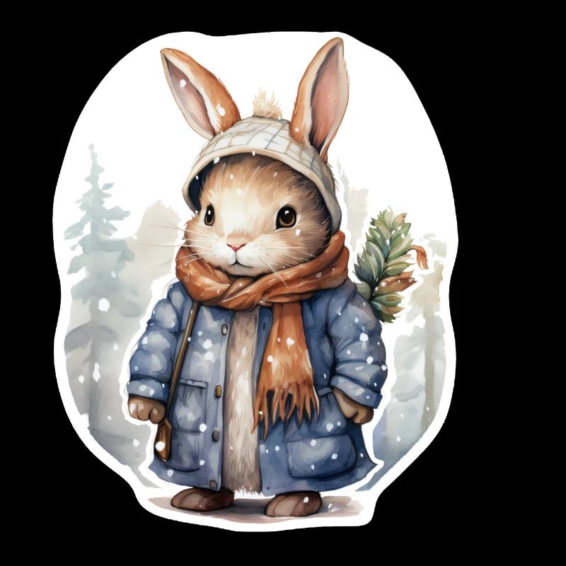 Bunny in the snow with hat, scarf and coat