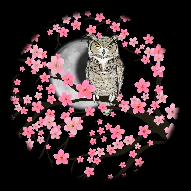 American eagle owl in a blossom tree