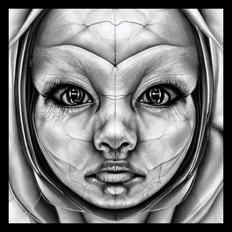 Human-Alien. Face in black and white