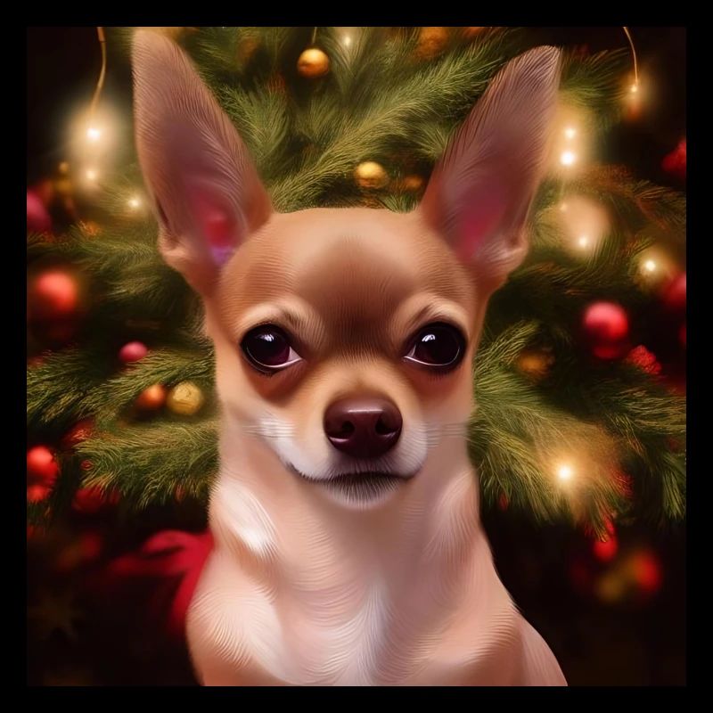 Chihuahua devant un sapin de Noël