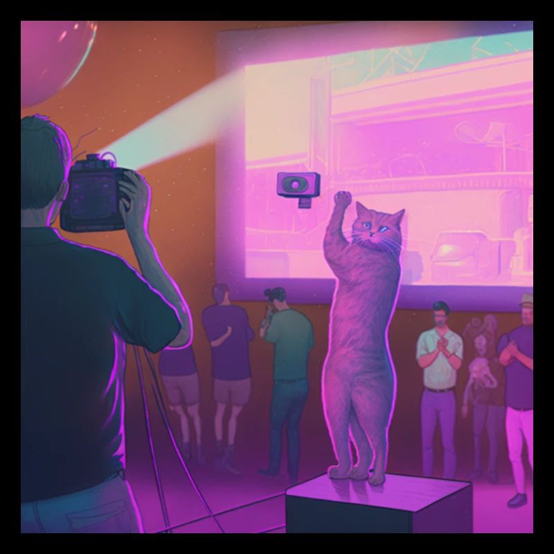 Man with a tv camera films a humanoid cat dancing