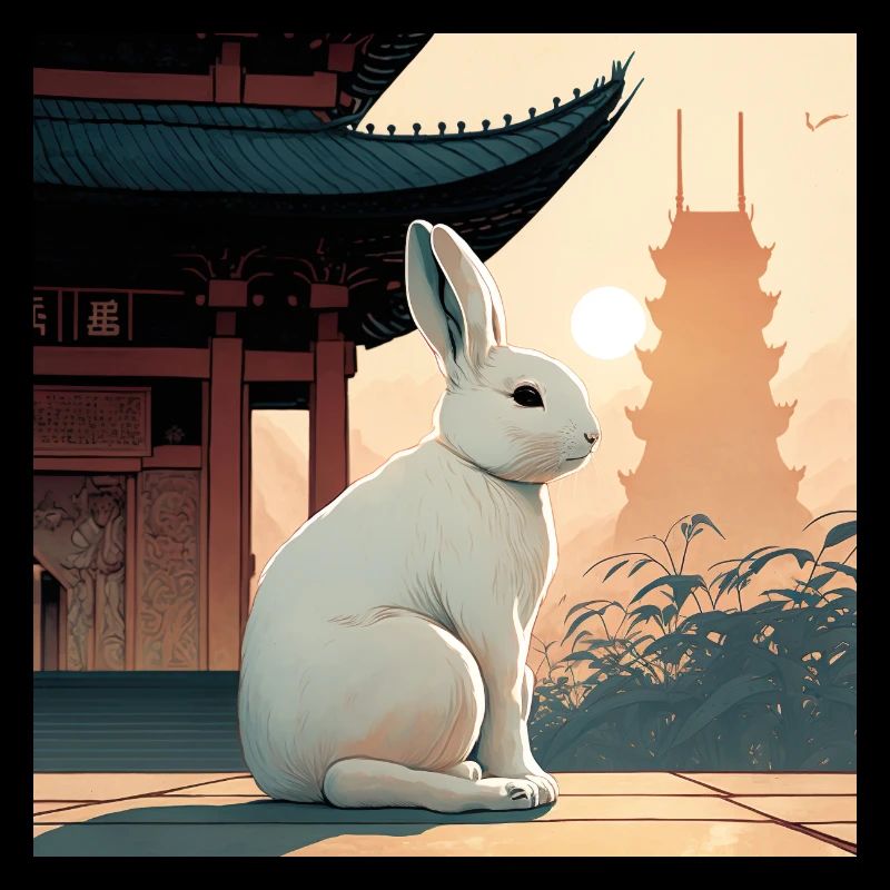 Kaninchen vor einem asiatischen Tempel