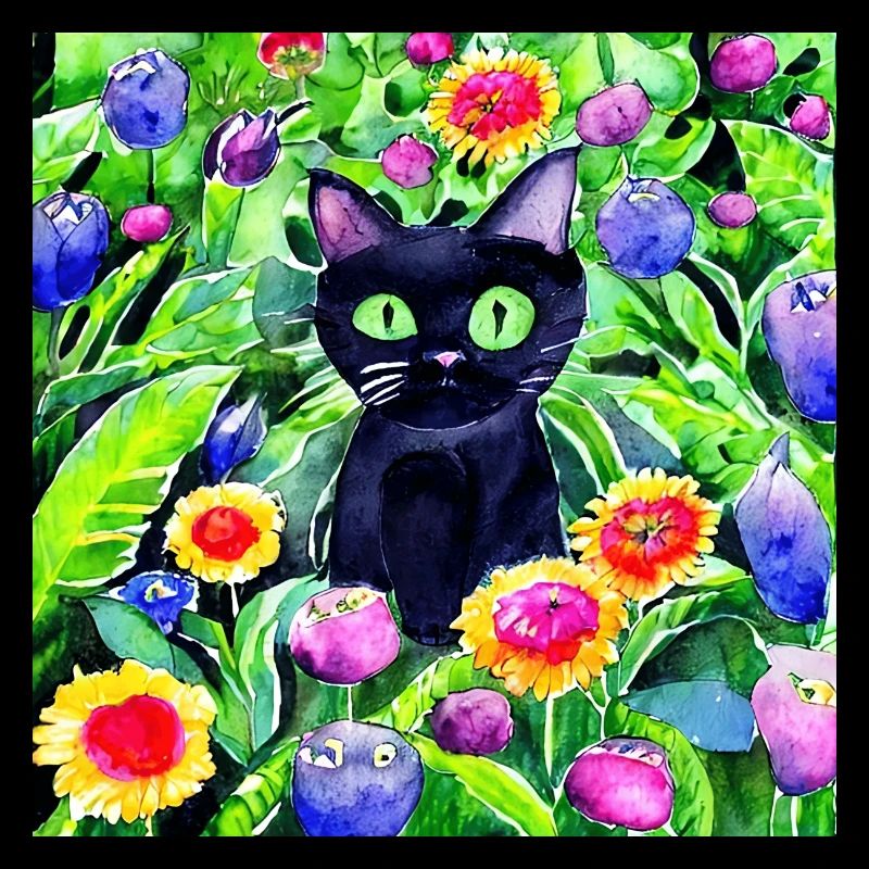 Chat noir assis dans un jardin de fleurs