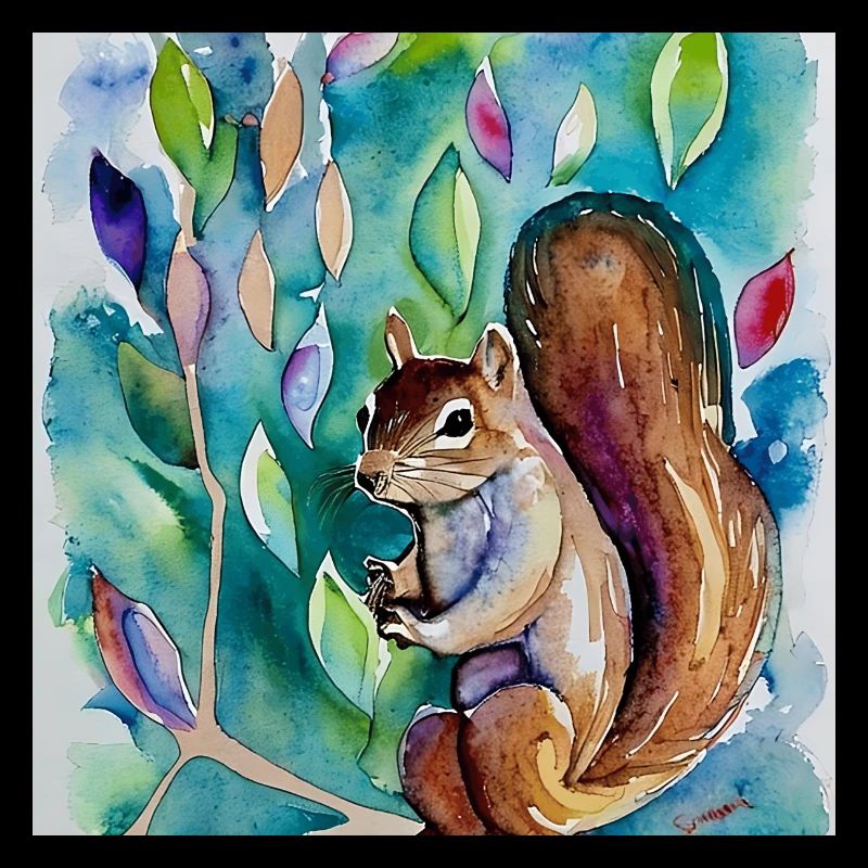 Squirrel between beautiful flower, water colour st