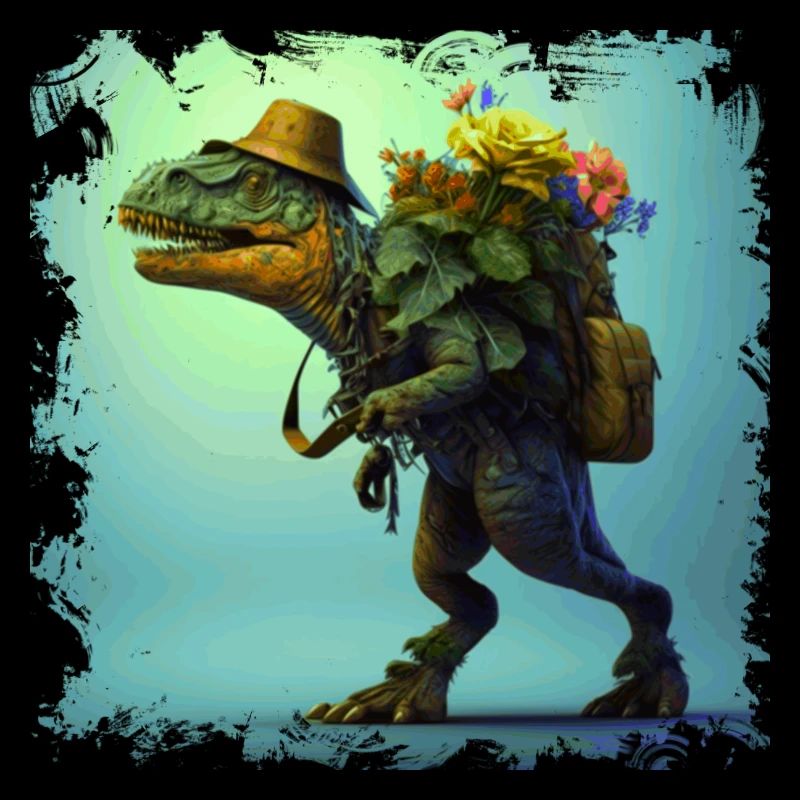 Ein Wandernder und bergsteigender Dino T-Rex
