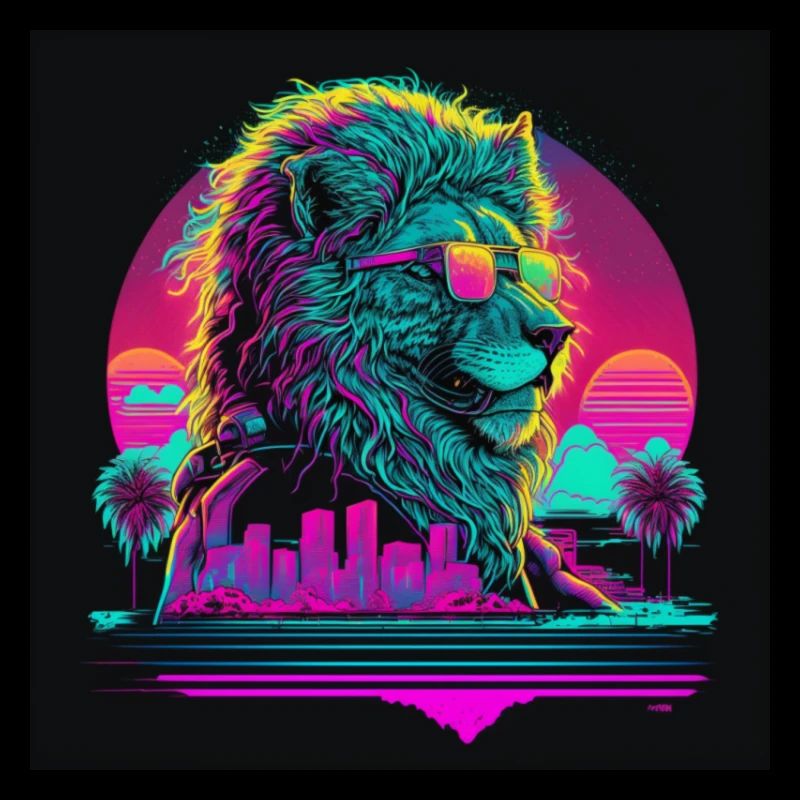 Lion aux couleurs néon, synthwave / années 80