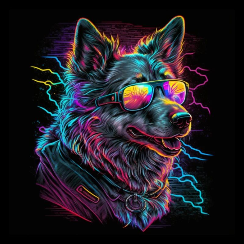 Chien aux couleurs néon, synthwave / 80s