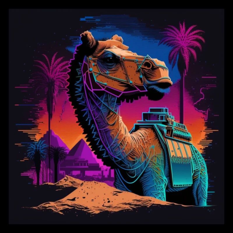 Camel with neon colors, synthwave / 80s
