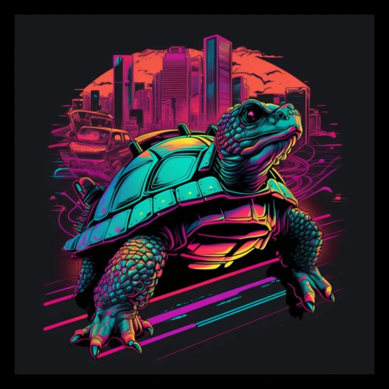 Turtle in neon colors 80s synthwave style