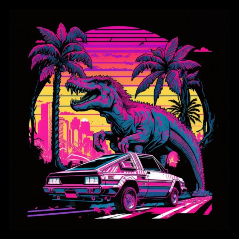 Dinosaures aux couleurs néon, synthwave / 80s