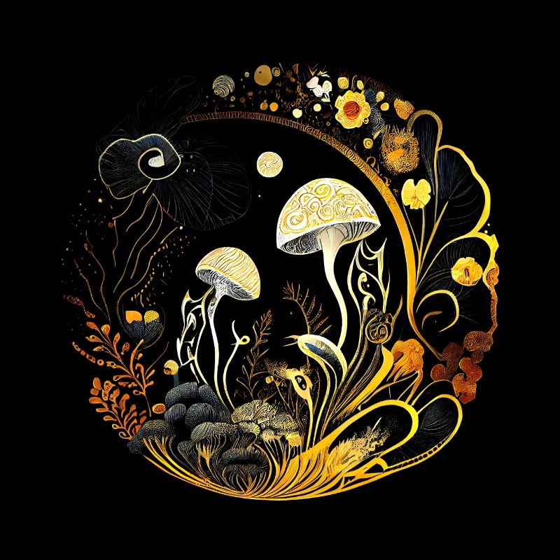 Round Floral Mushroom Artwork Golden