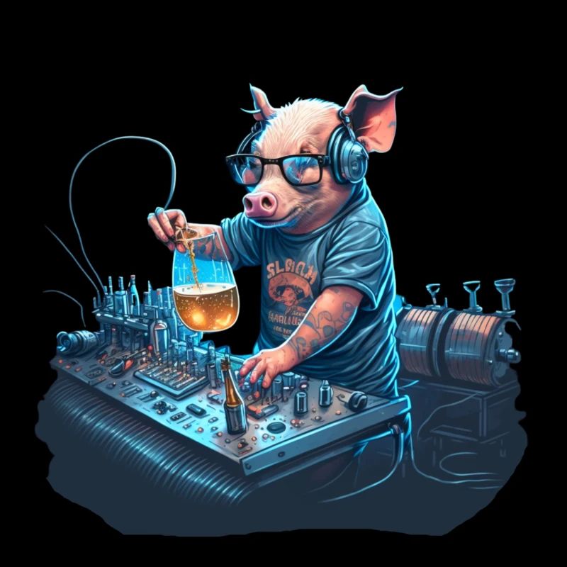 Cooler DJ mit Bie rhinter den Turntables