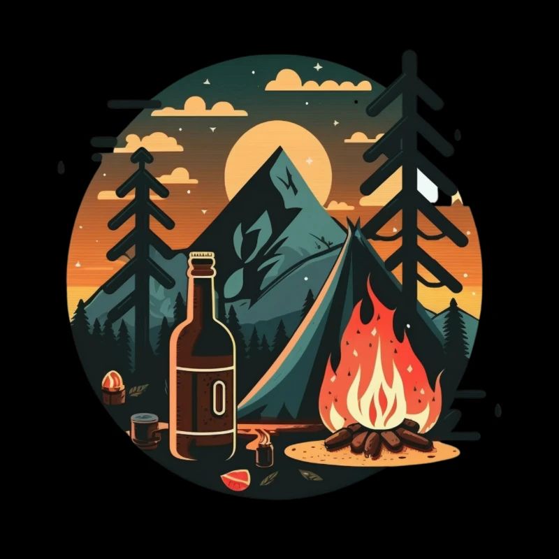Camping avec bière et feu de camp dans la nature.