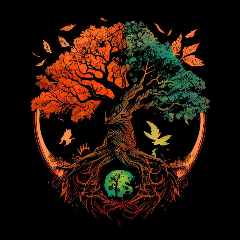 Mythical Yggdrasil the World Tree green, orange