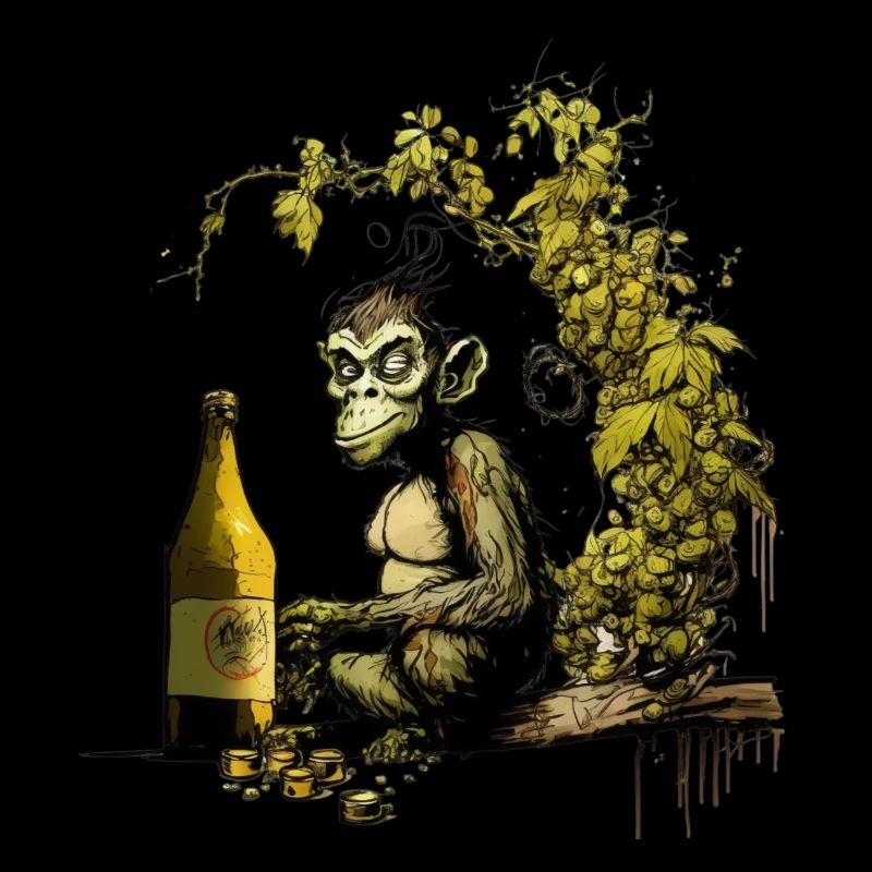 Funny beer-brewing chimpanzee with hops