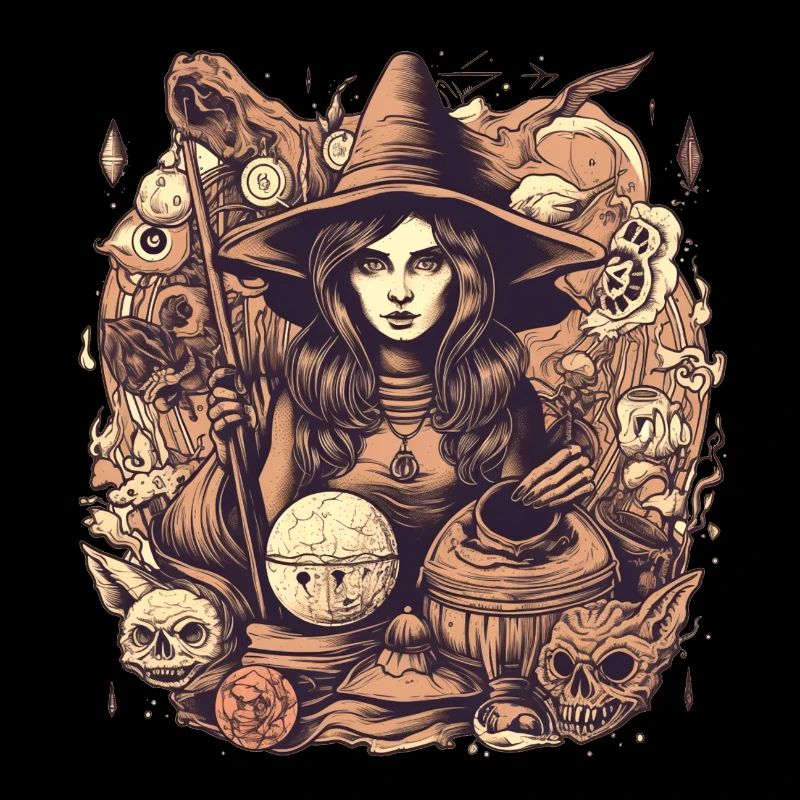 Gloomy beautiful witch with hat and skull