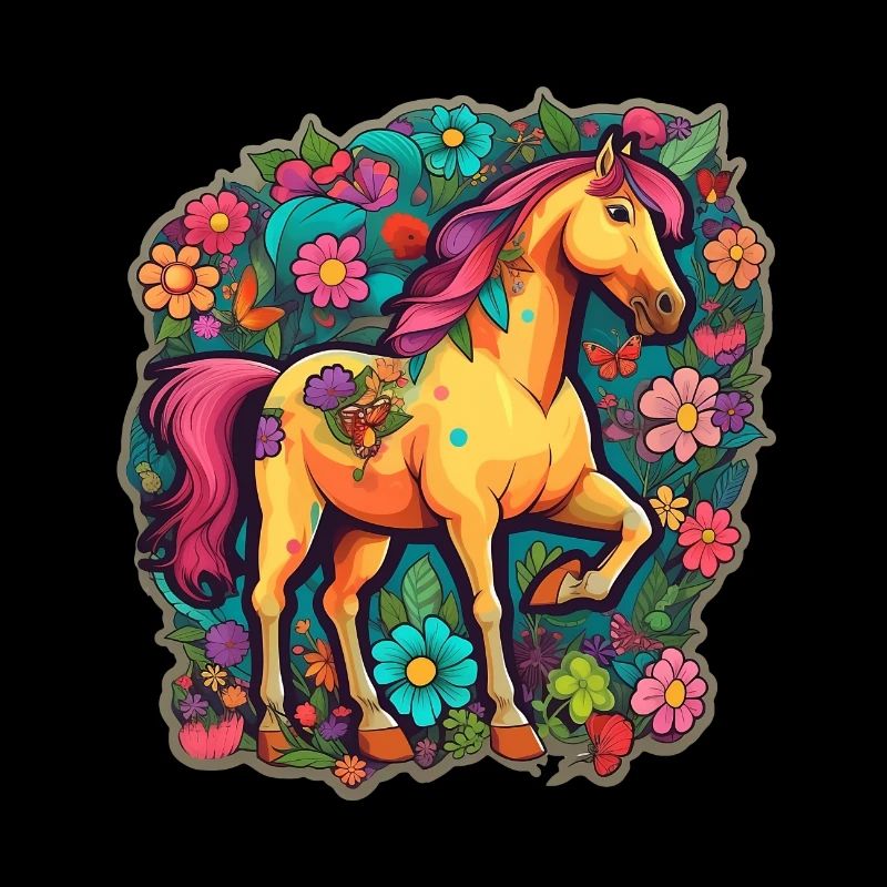 Cheval mignon dans la mer colorée de fleurs de dessin animé